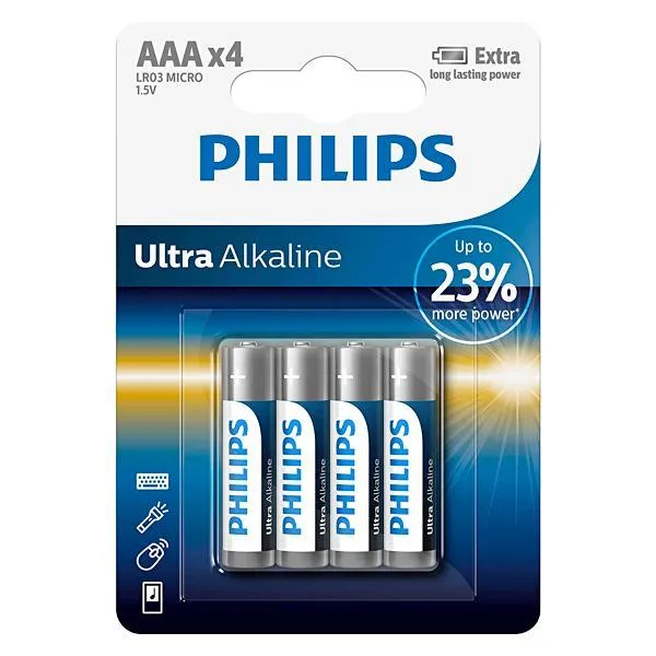 PILHA PHILIPS ALCALINA AAA LR03E4B C/4UNIDADES ULTRA ALKALINE