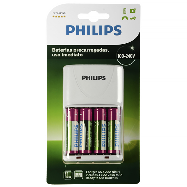 CARREGADOR DE PILHA PHILIPS SCB2445NB 4AA/4AAA 2V BRANCO