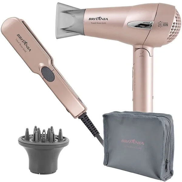 KIT BELEZA BRITANIA TRAVEL ROSE GOLD SECADOR+CHAPA 2V ROSA