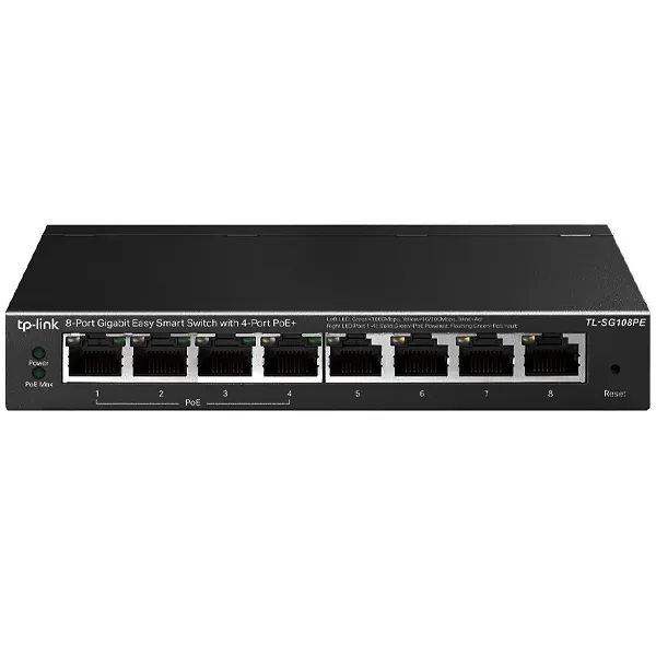 Switch TP-Link TL-SG108PE com 8 Portas Ethernet de 10/100/1000 Mbps - Preto