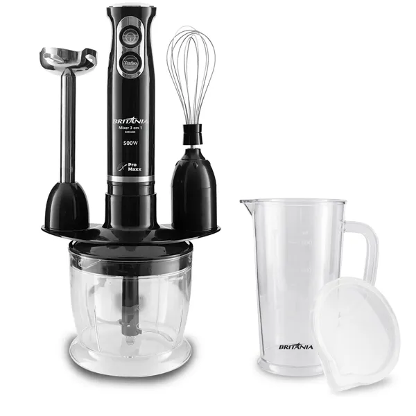 Mixer Britânia BMX400P 500 watts + Batidor de Varilla + Procesador de Alimentos 220V ~ 50/60 Hz - Negro