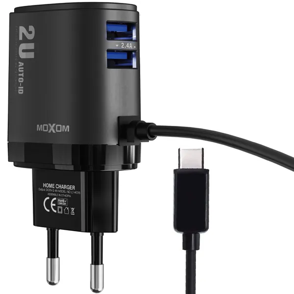 CARREGADOR  USB USB-C P/ CELULAR MOXOM MX-HC78 2SAIDA PRETO