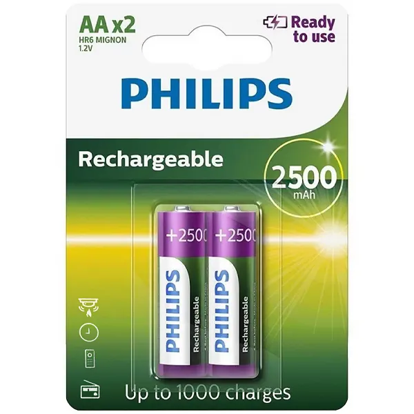 PILHA PHILIPS RECARREGAVEL R6B2RTU25 2500MAH AA C/2UNIDADES