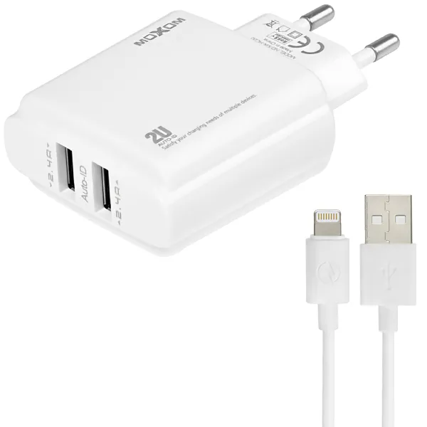 CARREGADOR  USB LIGHTNING P/ CELULAR MOXOM MX-HC20 2SAIDA BRANCO