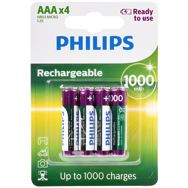 PILHA PHILIPS RECARREGAVEL R03B4RTU10 1000MAH AAA C/4UNIDADES