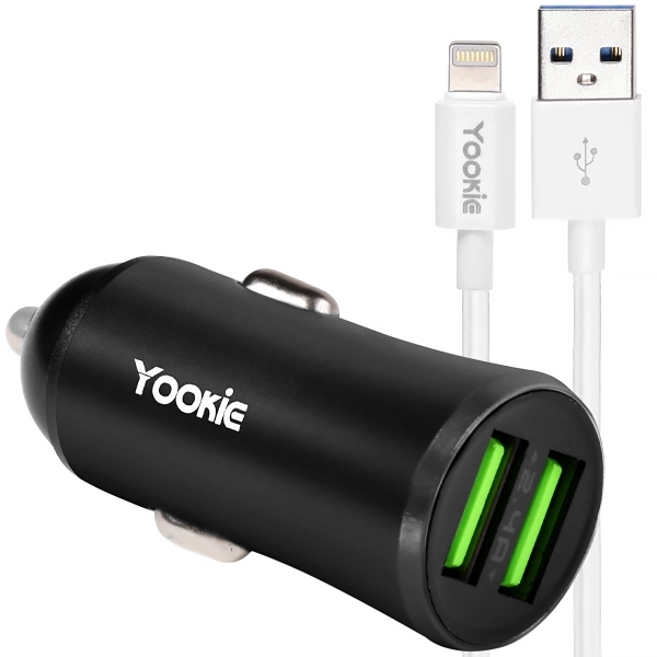 CARREGADOR USB P/ CARRO YOOKIE PC1 2SAIDA IPHONE PRETO