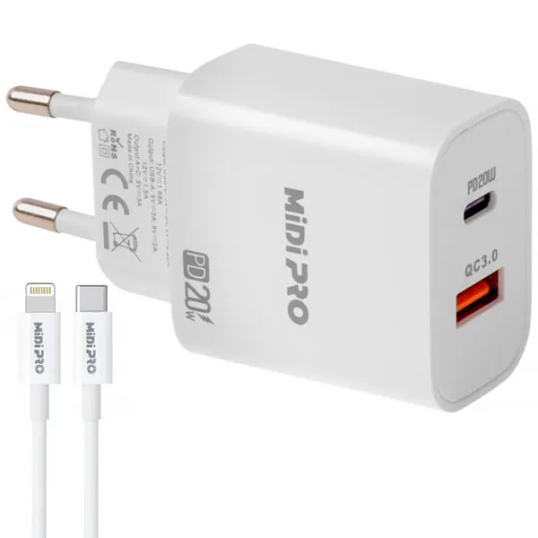 Carregador MIDI PRO MDP-20WD USB/USB-C de 20 watts + Cabo Lightning