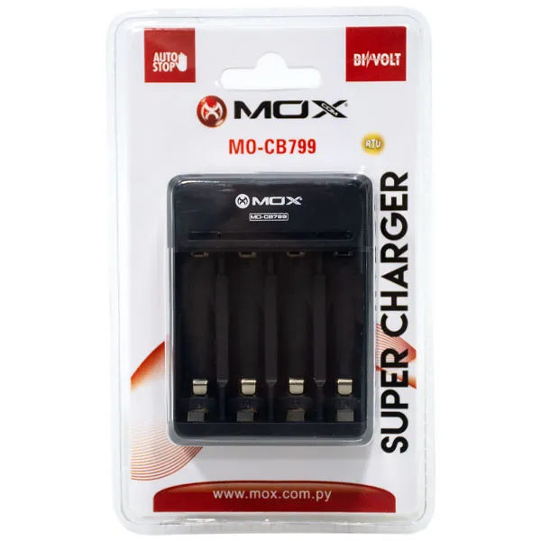 CARREGADOR DE PILHA MOX MO-CB799 S/PILHA 4AA/4AAA 2V PRETO