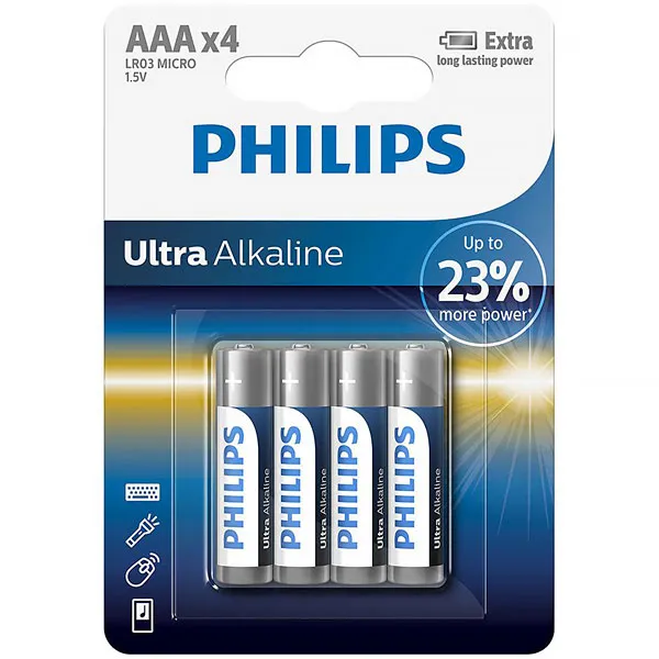PILHA PHILIPS ALCALINA AAA LR03E4B C/4UNIDADES ULTRA ALKALINE