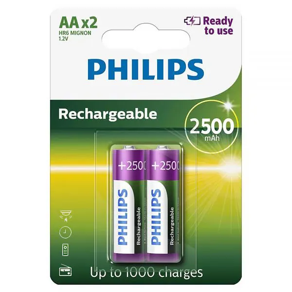 PILHA PHILIPS RECARREGAVEL R6B2RTU25 2500MAH AA C/2UNIDADES