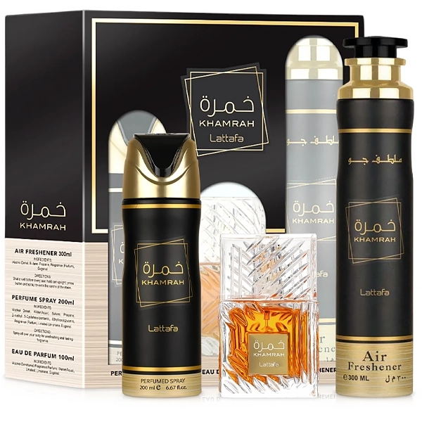 Kit Perfume Masculino Lattafa Khamrah EDP 100 ml + Desodorante + Air Freshener
