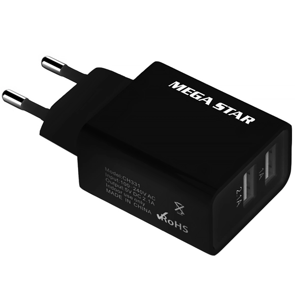 Adaptador de Enchufe MegaStar CH331 2 USB - Negro