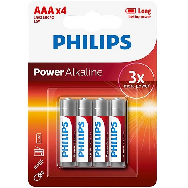Pila Alcalina AAA Philips Power Alkaline LR03P4B/97 1.5V - 4 Unidades