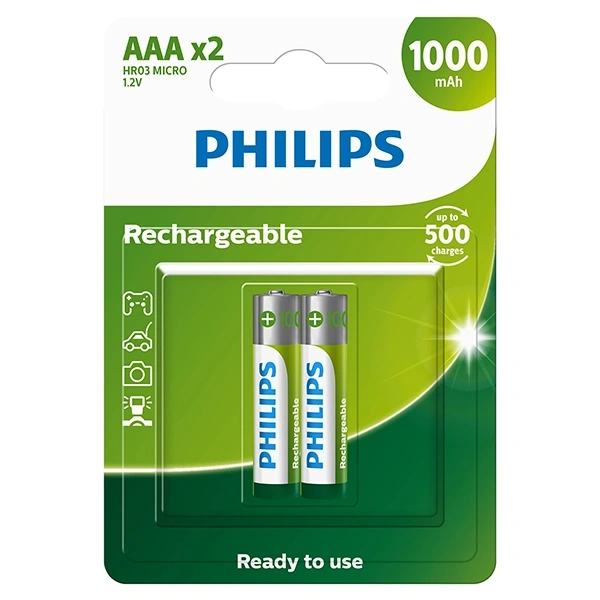 Pila Recargable AAA Philips R03B2RTU10/97 de 1.000 mAh 1.2V - 2 Unidades