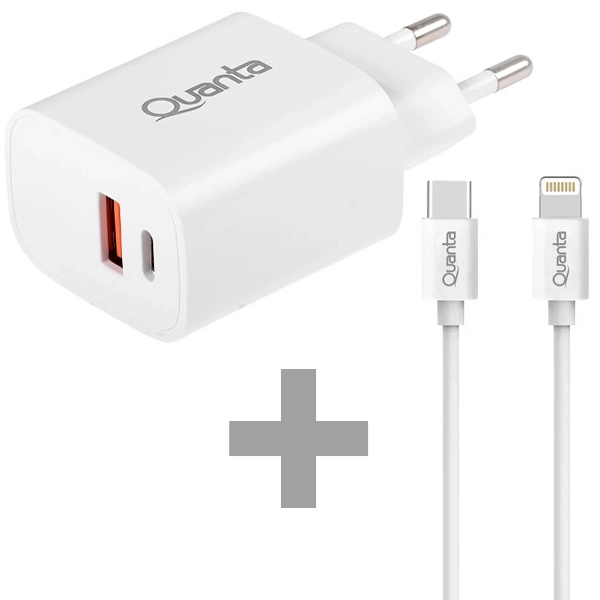 Adaptador de Enchufe Quanta QTCACR2 USB/USB-C de 20 watts - Blanco + Cable Lightning