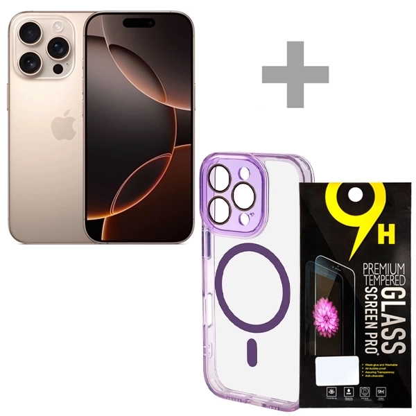 Apple iPhone 16 Pro A3083 eSIM 128GB/8GB RAM de 6.3" - Desert Titanium + Funda MagSafe 3 + Protector de Pantalla