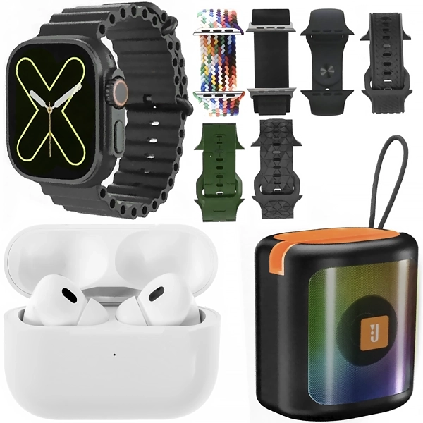 Kit Reloj K28 Combo 49 mm con Bluetooth + Auricular Inalámbrico + Speaker Negro