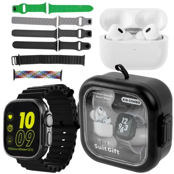 Kit Reloj K18-Combo 49 mm con Bluetooth + Auricular Inalámbrico + Case Negro