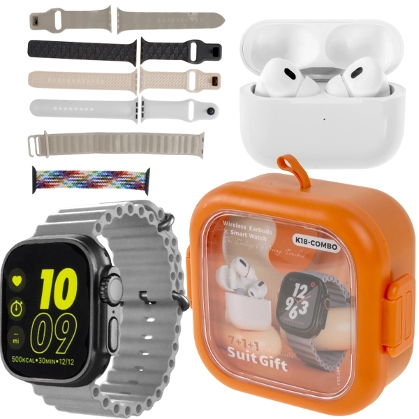 Kit Reloj K18-Combo 49 mm con Bluetooth + Auricular Inalámbrico + Case Naranja