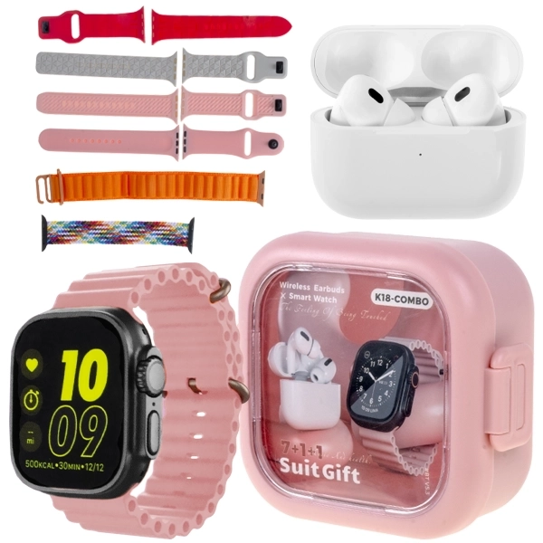 Kit Reloj K18-Combo 49 mm con Bluetooth + Auricular Inalámbrico + Case Rosa