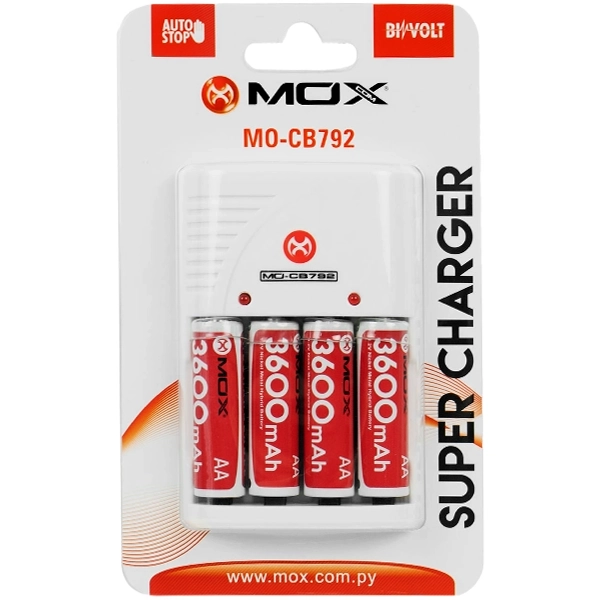 Cargador de Pilas MOX MO-CB792 + 4 Pilas AA - Blanco