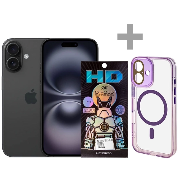 Apple iPhone 16 A3287 Nano + eSIM 128GB/8GB RAM de 6.1" 48+12MP/12MP + Protector de Pantalla HD + Funda Transparente/Púrpura