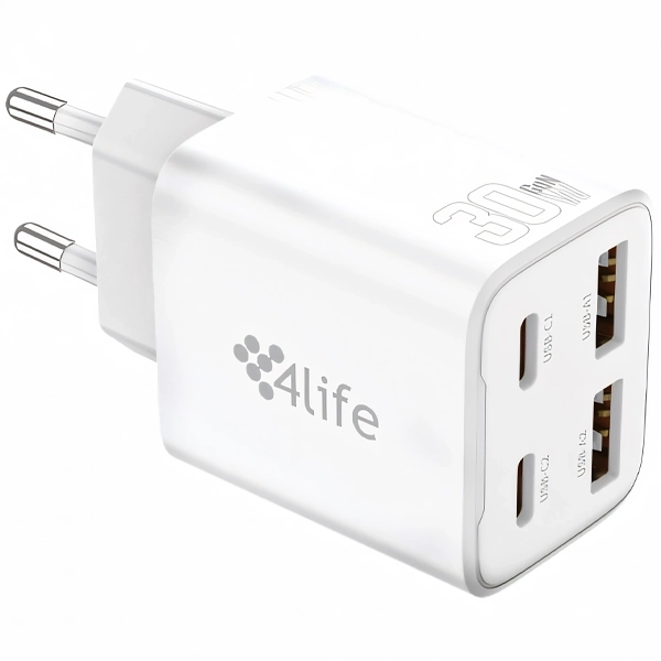 Adaptador de Enchufe 4life FL94302XACW  2 USB 2 USB-C de 30 watts - Blanco