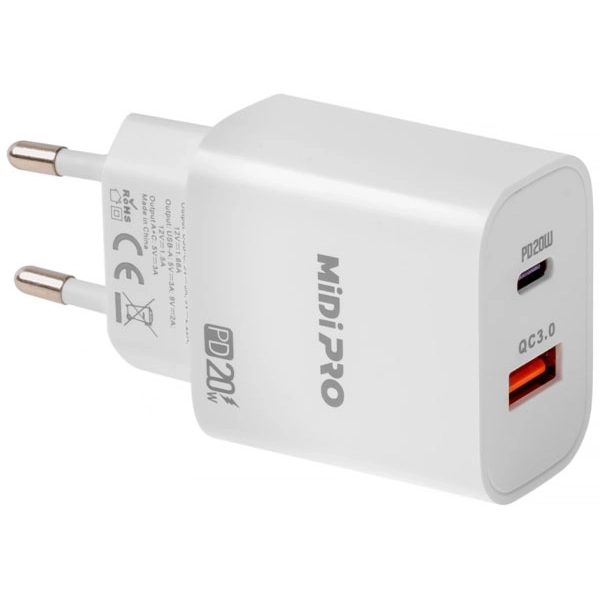 Adaptador de Enchufe MiDi PRO MDP-20WD USB/USB-C de 20 watts - Blanco