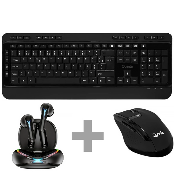 Kit Teclado Inalámbrico Quanta QTKTM1600 Portugués + Mouse 1.600 DPI + Auricular Inalámbrico QTAGE10
