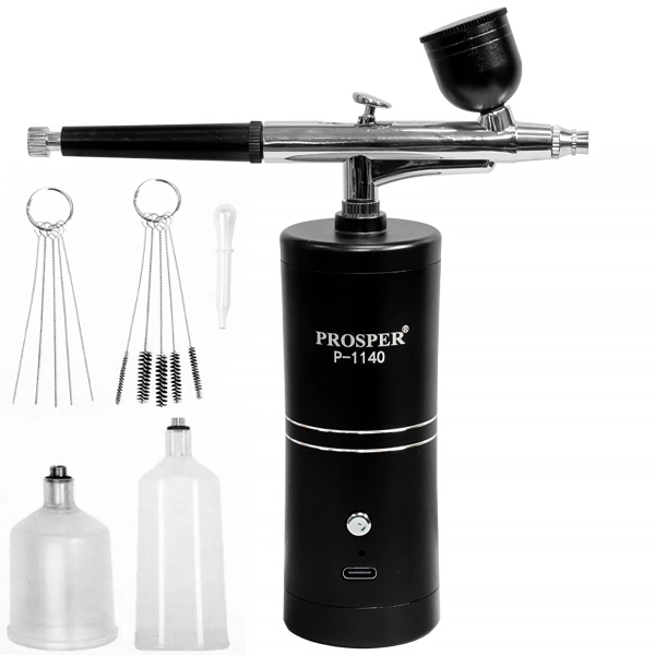 Aerógrafo Prosper P-1140 + Compresor de Aire Recargable - Negro