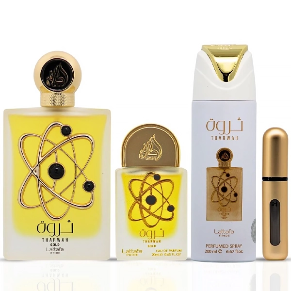 Kit Perfume Femenino Lattafa Tharwah Gold EDP 100 ml + Perfume 20 ml + Desodorante Corporal