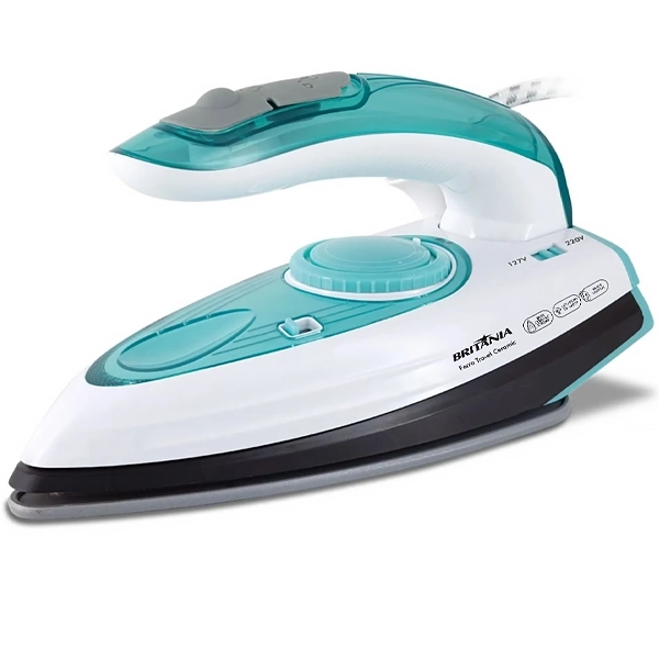 Plancha Britânia Travel Ceramic de 1.200 watts Antiadherente + Spray Bivolt - Blanca/Azul