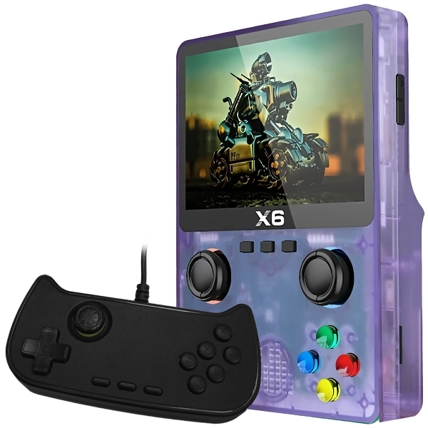 Consola Portátil X6 32GB de 3" con 10.000 Juegos - Morado Transparente + Control