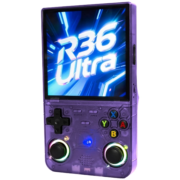 Console Portátil R36 Ultra de 4" com 40.000 Jogos - Roxo Transparente