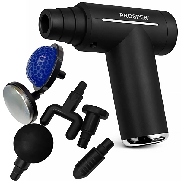 Masajeador Muscular Prosper P-1132 con 6 Cabezales Recargable - Negro/Plata