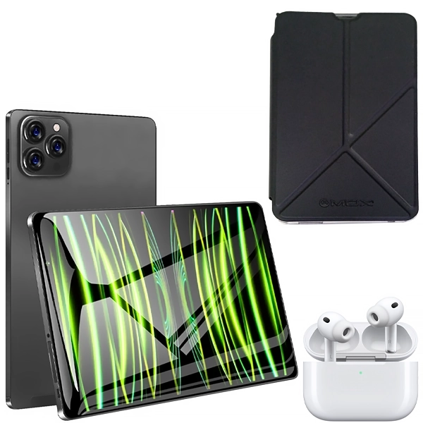 Tablet MOX MO-TP732 Dual SIM 256GB/8GB RAM de 7" 8MP/5MP + Capinha Preto/Transparente + Fone de Ouvido Sem Fio