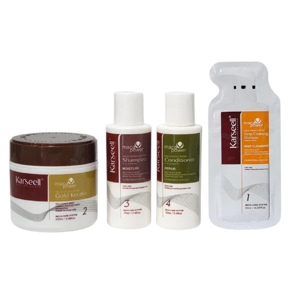 Kit Tratamiento Capilar Karseell Maca Power Essence Repair Straightening 100ml + Shampoo 70ml + Deep Cleansing Shampoo 10ml + Acondicionador 70ml