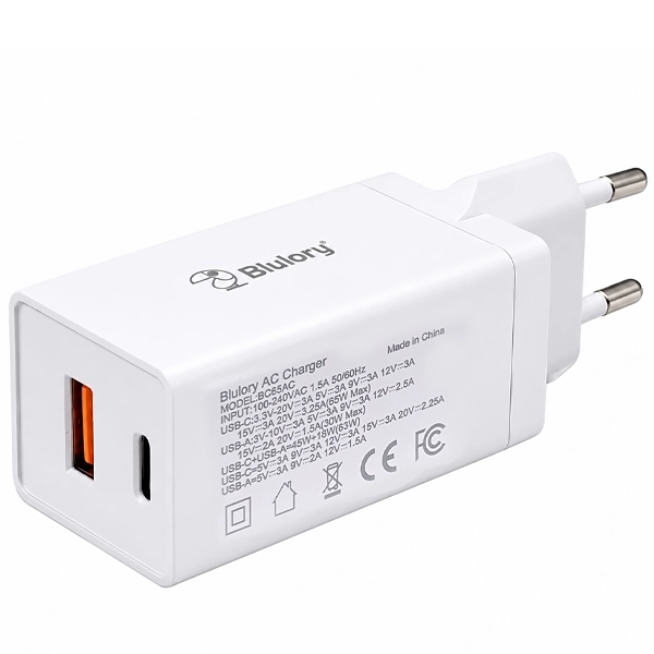 Adaptador de Tomada Blulory BC65AC USB/USB-C de 65 watts - Branco