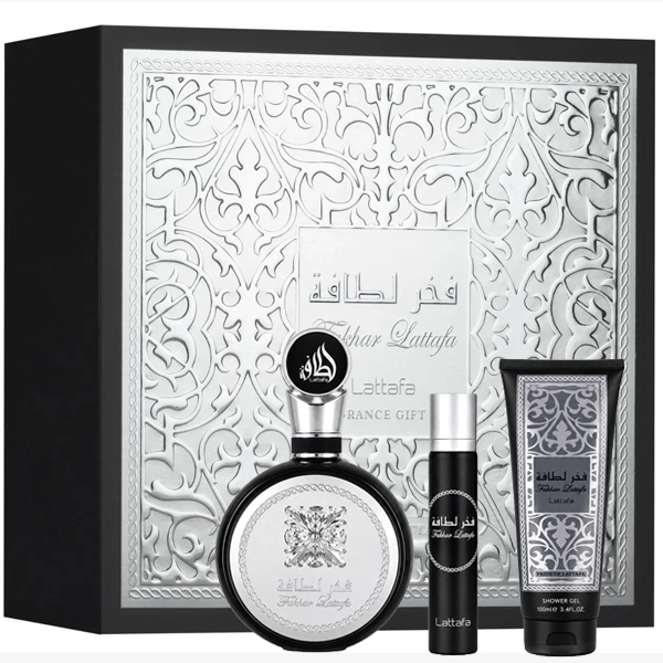 Kit Perfume Masculino Lattafa Fakhar Pride Gift Set EDP 100ml + Perfume 12ml + Gel de Banho 100ml