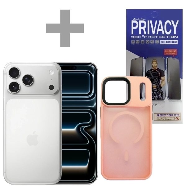 Apple iPhone 17 Pro Max A3257 eSIM 512GB/12GB RAM de 6.9" 48+48+48MP/18MP + Protector de Pantalla Privacy + Funda Rosa Transparente