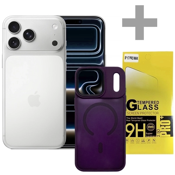 Apple iPhone 17 Pro Max A3257 eSIM 256GB/12GB RAM de 6.9" 48+48+48MP/18MP + Protector de Pantalla + Funda Púrpura Transparente