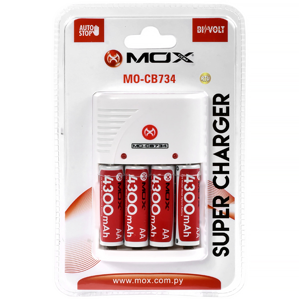 CARREGADOR DE PILHA MOX MO-CB734 4AA 4300MAH 2V BRANCO